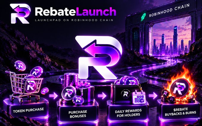 A promotional graphic for 'RebateLaunch' on the Robinhood Chain, showing a process flow for token purchase, bonuses, daily rewards, and rebated buybacks.
