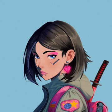 An anime-style illustration of a young woman with short black hair, pink eyeshadow, pink earrings, and a sword strapped to her back against a light blue background.
