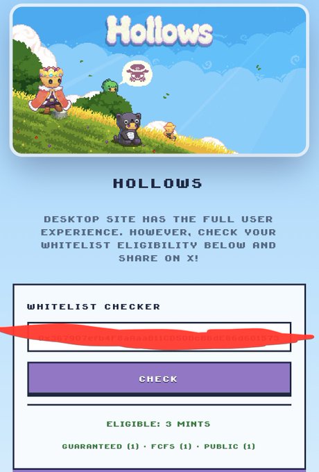 A webpage for 'Hollows' featuring a pixel-art illustration and a whitelist checker tool, indicating the user is 'ELIGIBLE: 3 MINTS' with a guaranteed allocation.