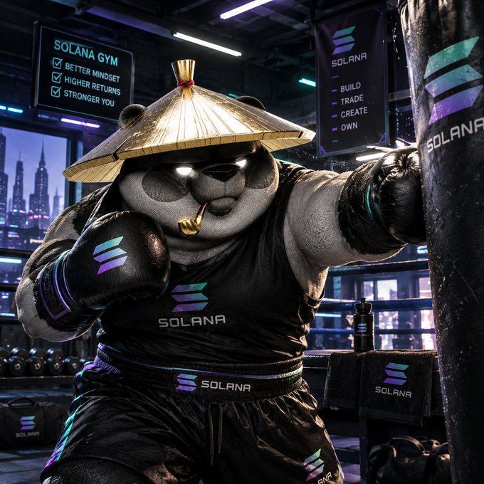 A panda wearing a traditional Asian straw hat and Solana-branded boxing gear strikes a powerful punch against a punching bag in a neon-lit gym, with signs reading "SOLANA GYM - Better Mindset, Higher Returns, Stronger You" and "SOLANA - Build, Trade, Create, Own" in the background. The image perfectly embodies the bullish post's message of waking up energized and ready to knock out Solana bears, symbolizing strength, discipline, and conviction in holding SOL.