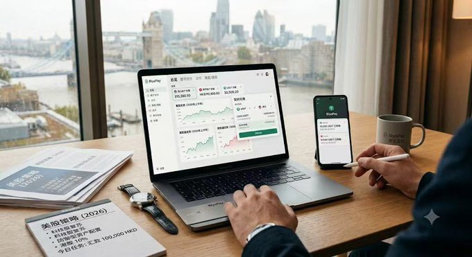 A person working at a desk by a window overlooking a city skyline (appears to be London with Tower Bridge visible) uses a laptop displaying financial charts and a smartphone showing a 'RisePay' app, with papers labeled '美股策略 (2026)' on the desk.