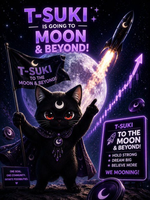 The image features a black cat with red eyes, dressed as a witch or superhero, standing on a rock and holding a flag that has "T-suki" written on it. The background of the image shows a rocket flying through space against a purple sky. The caption below the image reads "RK is coming back. @tsukionsolana’s pinned post has changed and that's all you need to know x.com/vinaysush/stat...", indicating that the poster was created by someone named Vinay Sengupta.
