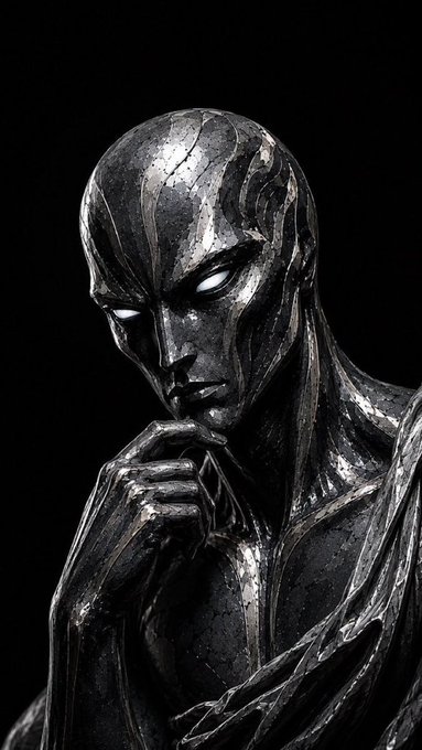 A detailed 3D rendering or digital artwork of a metallic, humanoid figure with glowing white eyes, resting its chin thoughtfully on its hand against a solid black background.