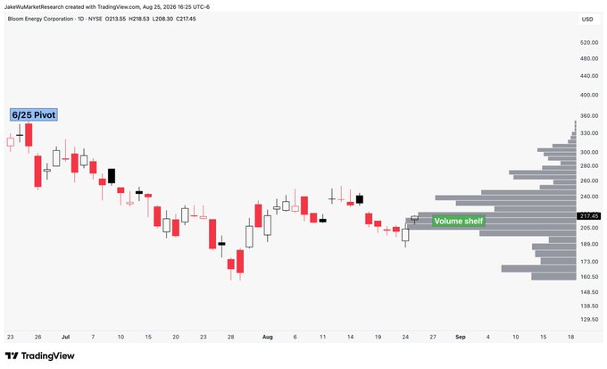 A daily candlestick chart of Bloom Energy Corporation (BE) on TradingView shows a "Volume shelf" highlighted at the $217.45 price level alongside a "6/25 Pivot" marker near $330, suggesting consolidation and a potential launchpad for a move higher.