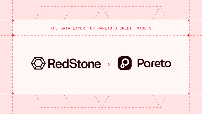 Partnership announcement graphic reading 'THE DATA LAYER FOR PARETO'S CREDIT VAULTS' featuring the RedStone and Pareto logos on a pink background with dashed line design.
