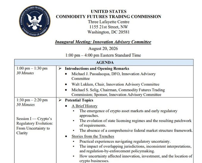 An official CFTC (Commodity Futures Trading Commission) document showing the agenda for the inaugural meeting of the Innovation Advisory Committee on August 20, 2026, focusing on crypto's regulatory evolution.