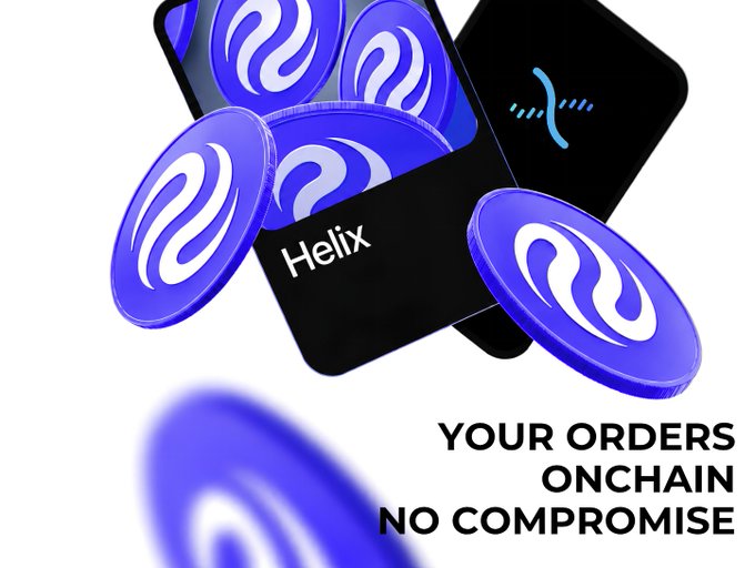 A promotional graphic for Helix featuring purple coins with a swirl logo and the tagline 'YOUR ORDERS ONCHAIN NO COMPROMISE'.