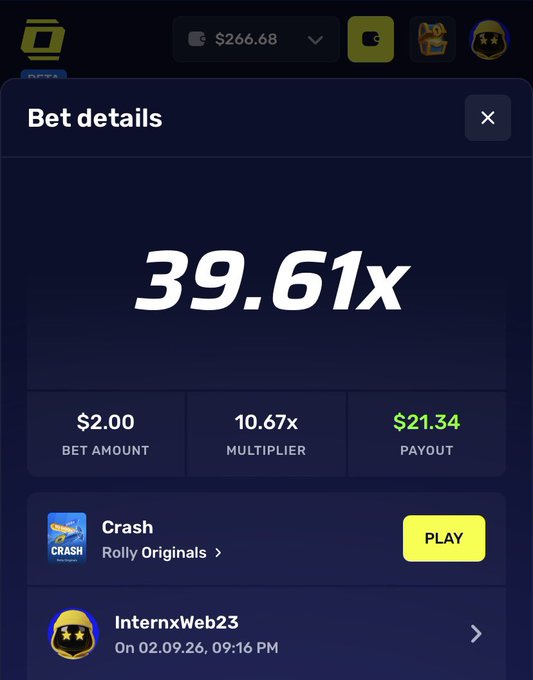 A "Bet details" screen showing a "39.61x" multiplier, a $2.00 bet amount, and a $21.34 payout for a game called "Crash" on what appears to be a gambling app.