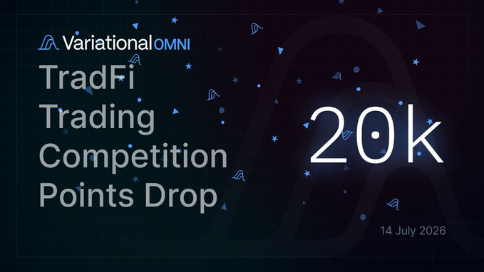 Promotional graphic for 'Variational OMNI' advertising 'TradFi Trading Competition Points Drop' of 20k, dated 14 July 2026, on a dark background with abstract wave patterns.