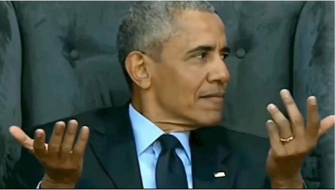 Barack Obama is shown with his hands raised in a gesture of confusion or helplessness, humorously depicting the market's hypothetical reaction to the Iranian phrase "let the market be."