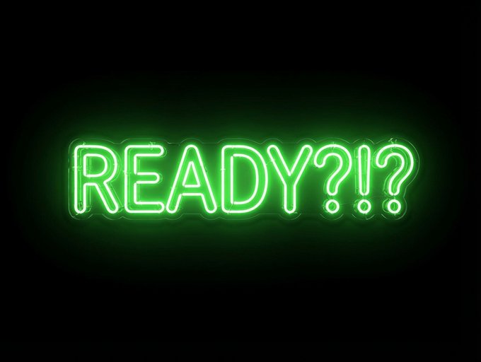 A glowing green neon sign reads "READY?!?" against a black background, evoking anticipation for a major price movement. The image ties to the post by capturing the charged, waiting energy traders feel before a breakout, comparing XRP's current chart setup to XLM's pre-rally stance in May.