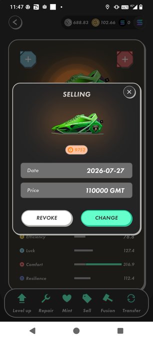A mobile game screenshot showing a 'SELLING' interface for green sneakers, listing the price as '110000 GMT' with options to 'REVOKE' or 'CHANGE', dated 2026-07-27.