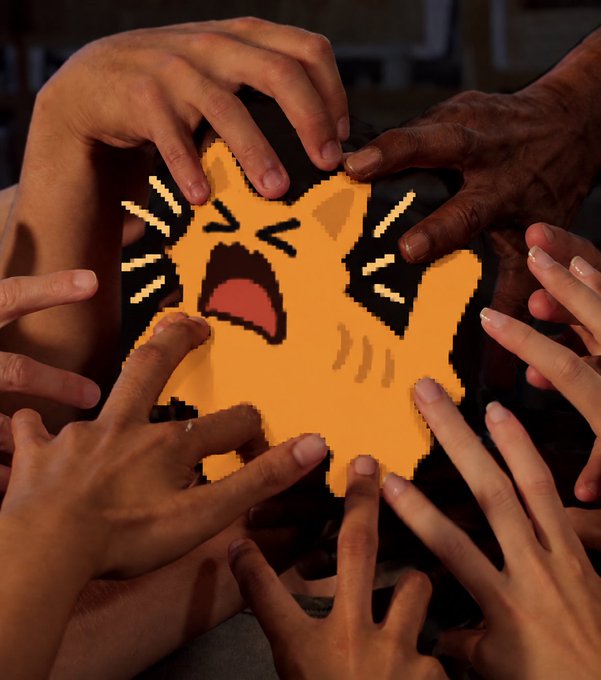 Multiple hands frame a pixelated orange cat illustration that appears to be screaming in frustration.
