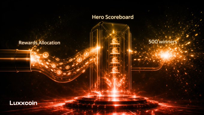 A digital graphic showing a 'Hero Scoreboard' and '500 winners' with glowing orange energy flowing through pipes into a central chamber, labeled 'Luxxcoin' and 'Rewards Allocation'.