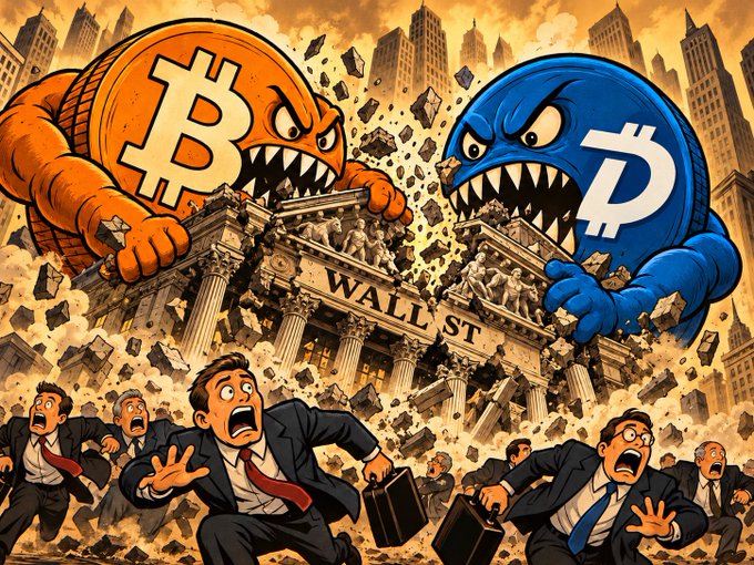 A cartoon illustration depicts giant Bitcoin and DigiByte coin monsters fighting and destroying the Wall St building while panicked businesspeople flee.