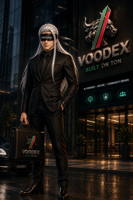 Anime-style promotional artwork for 'VOODEX BUILT ON TON' features a silver-haired character in a black suit holding a briefcase branded with the logo, standing in front of a building displaying the bull-themed Voodex emblem.