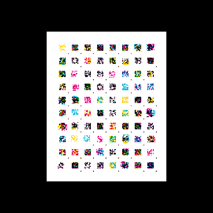 A pixel art sticker sheet displaying various colorful characters and faces arranged in a grid on a white background.