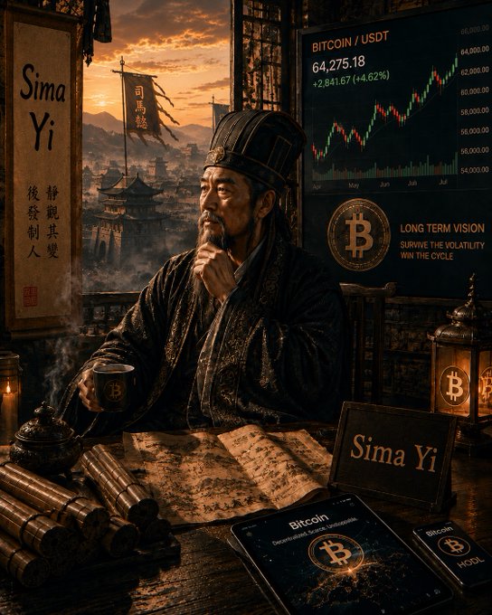 A digital artwork depicting a Chinese scholar named 'Sima Yi' in traditional robes, with Bitcoin/USDT charts showing $64,275.18 (+2,841.67, +4.62%) and 'LONG TERM VISION - SURVIVE THE VOLATILITY, WIN THE CYCLE' text alongside Bitcoin symbols and a phone displaying Bitcoin Decentralized digital currencies.