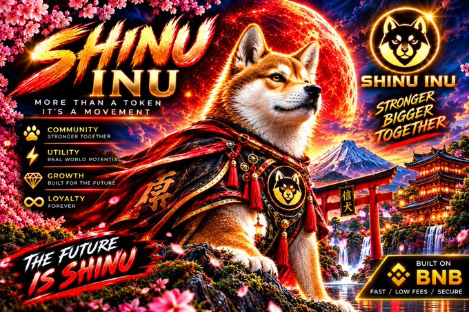 A Shiba Inu in samurai armor stands before a Japanese landscape with Mt. Fuji and a red moon, promoting 'SHINU INU' with the text 'MORE THAN A TOKEN IT'S A MOVEMENT' and 'BUILT ON BNB'.