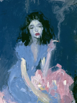 A moody, expressionist oil painting depicting a figure with dark hair, pale skin, and red lips wearing a blue garment, holding what appears to be a cigarette, against a deep blue background.