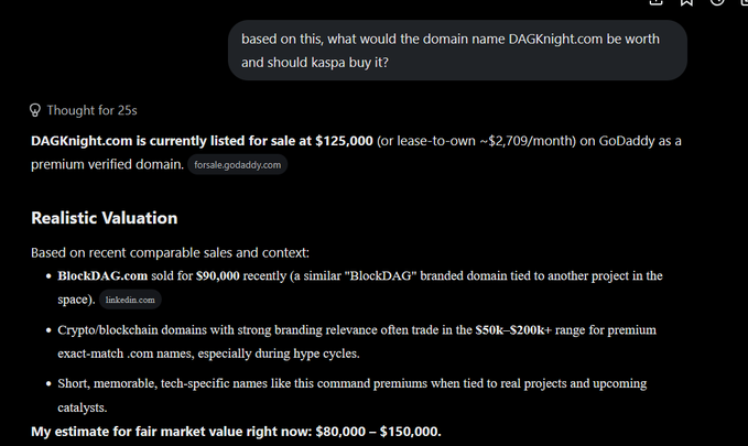 A screenshot of an AI chat response estimating DAGKnight.com's market value at $80,000–$150,000 with Kaspa's $125,000 GoDaddy listing noted, supporting the post's claim that #DAGKnight is an "end game" milestone for $KAS.