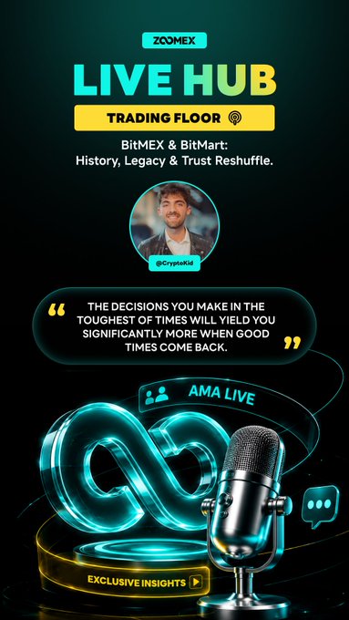 Promotional graphic for ZoomEx's "Live Hub Trading Floor" featuring CryptoKid, with the episode title "BitMEX & BitMart: History, Legacy & Trust Reshuffle," the quote "The decisions you make in the toughest of times will yield you significantly more when good times come back," and an "AMA Live" microphone illustration matching the post's announcement of a Trading Floor episode with CryptoKid and JR Cryptex.