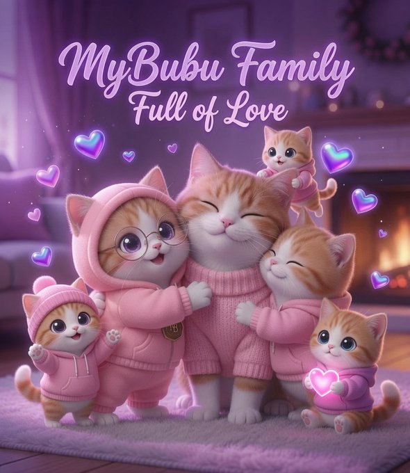 The image features a group of adorable kittens wearing pink sweaters and hats, standing close together and posing for a picture. The text "MyBubu Family" is written above them, indicating that they are part of a family. The background shows a cozy living room with a fireplace, creating a warm and inviting atmosphere. The kittens appear to be enjoying themselves as they gather around each other in the image.