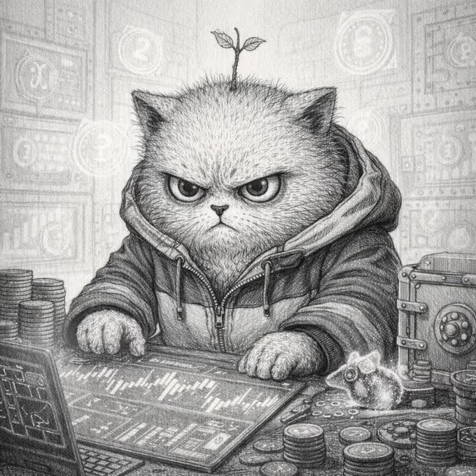 A pencil illustration of a stern cat wearing a hoodie with a small plant sprouting from its head, surrounded by stacks of coins and working at a laptop displaying a trading chart.