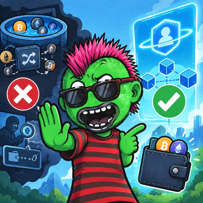 A cartoon illustration of a green-skinned character with pink hair and sunglasses, pointing between a red 'X' on a screen showing crypto coins and a green checkmark on a screen showing a digital wallet.