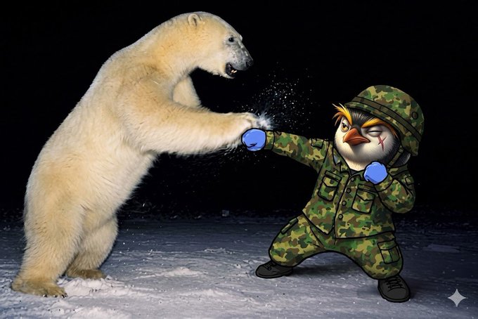 A real polar bear and an animated penguin character dressed in military camouflage clash in a snowy setting, with the penguin appearing to punch the bear and the bear swiping back.