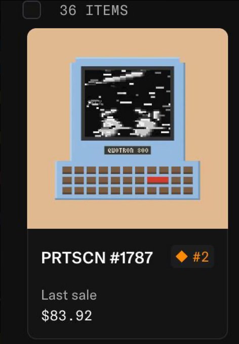 A digital NFT listing on OpenSea titled "PRTSCN #1787" featuring pixel art of a vintage computer displaying a Quotron stock ticker screen, currently showing a last sale price of $83.92. The image relates to the post about scoring a rare piece from the PRTSCN collection, with the playful "She's not pregnant!" caption referring to the Quotron 800 stock terminal shown in the artwork, mimicking a pregnancy test reference.