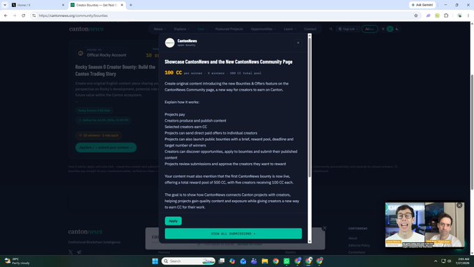 A screenshot of a Canto News page titled 'Showcase CantonNews and the New CantoNews Community Page' with a 100 CC bounty offer, displayed in a web browser with a small video call window in the bottom right corner.