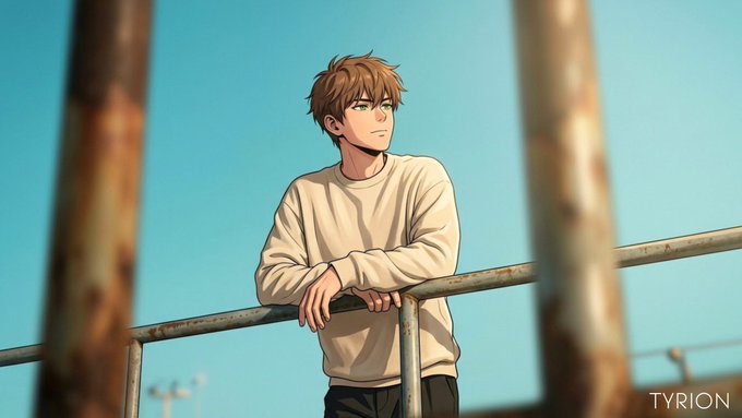 An anime-style illustration of a young man with brown hair in a white sweater leaning on a metal railing, looking up at a clear blue sky, signed "TYRION" in the bottom corner.
