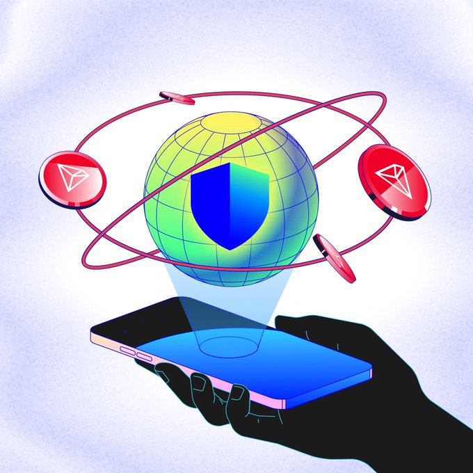 The image illustrates a hand holding a smartphone projecting a hologram of a globe encircled by orbital rings featuring TRX (TRON) tokens and a central blue shield, symbolizing global crypto security. This visual reinforces the post's message that Trust Wallet now supports TRON (TRX), highlighting secure worldwide access to the blockchain via mobile.