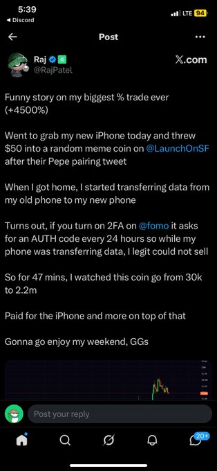 A Discord screenshot of an X.com post by Raj (@RajPatel) titled 'Funny story on my biggest % trade ever (+4500%)' about buying a $50 meme coin and watching it grow from 30k to 2.2m market cap while locked out of his account.
