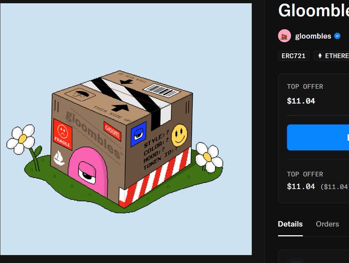 A digital illustration of a cartoon cardboard box character labeled 'Gloomples' sitting on grass with white flowers, displayed on what appears to be an NFT marketplace listing for ERC721 with top offer of $11.04.