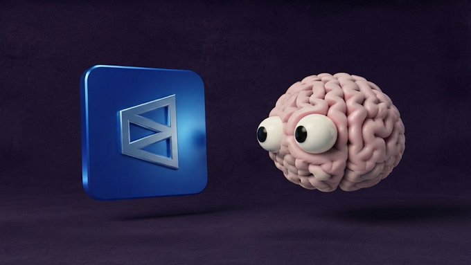 A 3D-rendered brain with googly eyes next to a blue app icon featuring a geometric logo, set against a dark purple background.