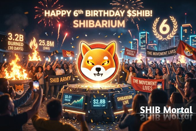 A vibrant celebratory scene showing "HAPPY 6th BIRTHDAY $SHIB! SHIBARIUM" with the iconic Shiba Inu mascot on a glowing pedestal, surrounded by the "SHIB ARMY" holding flags reading "THE MOVEMENT LIVES," with statistics displayed including "3.2B BURNED (30 DAYS)," "25.8M (24H)," "$2.8B MARKET CAP," and "SHIBARIUM LIVE," credited to "SHIB Mortal." The image visually reinforces the post's message of $SHIB's evolution from a meme launched by Ryoshi in 2020 into a major ecosystem marked by massive token burns and strong community engagement.