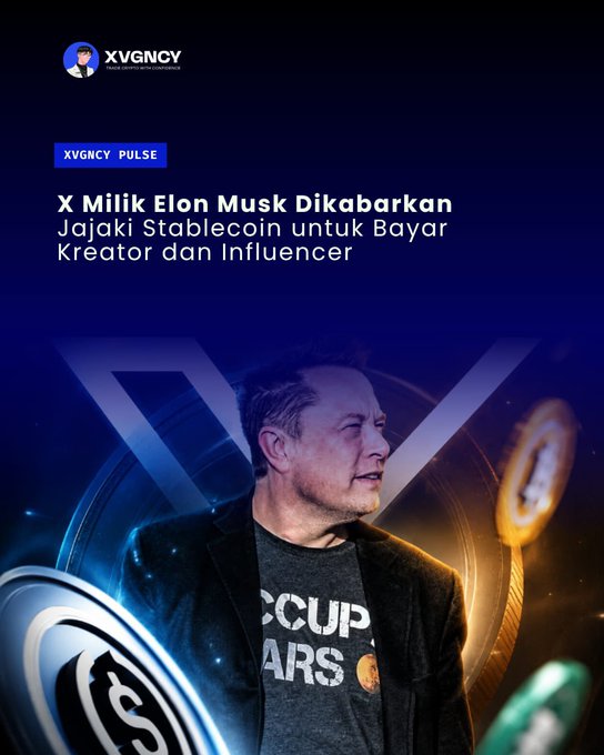 A promotional graphic by XVGNCY Pulse features Elon Musk in an "OCCUPY MARS" t-shirt, with the headline "X Milik Elon Musk Dikabarkan Jajaki Stablecoin untuk Bayar Kreator dan Influencer," indicating that X (formerly Twitter) is reportedly exploring stablecoin payments for creators. The design incorporates the X logo and USDC imagery, visually reinforcing the report about potential USDC integration into the platform's payment system.