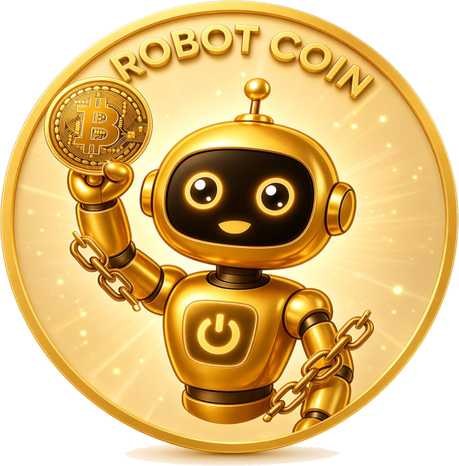 A digital coin illustration featuring a golden robot holding a Bitcoin, with the text 'ROBOT COIN' at the top.