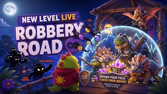 A colorful game promotion announcing 'NEW LEVEL LIVE - ROBBERY ROAD' featuring cartoon dinosaurs, a treasure yield, and text 'DEFEND YOUR YIELD. STACK YOUR SQUAD! GENERATE FLAWLESS PROOF OF WORK.'