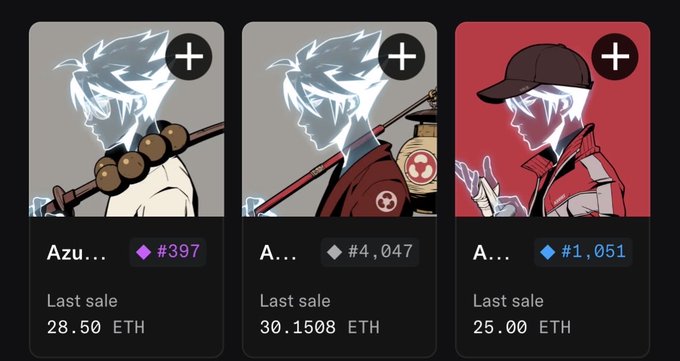 An NFT marketplace displaying three character cards with last sale prices: Azu... at 28.50 ETH (#397), A... at 30.1508 ETH (#4,047), and A... at 25.00 ETH (#1,051), each marked with a '+' icon.