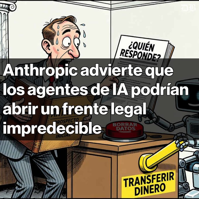 A Spanish-language cartoon illustration showing a sweating man looking at a document titled '¿QUIÉN RESPONDE?' next to a robot pressing a 'BORRAR DATOS' button, with overlay text reading 'Anthropic advierte que los agentes de IA podrían abrir un frente legal impredecible'.