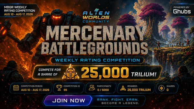 A promotional banner for the 'Alien Worlds Community Mercenary Battlegrounds Weekly Rating Competition' offering 25,000 Trilium in rewards.