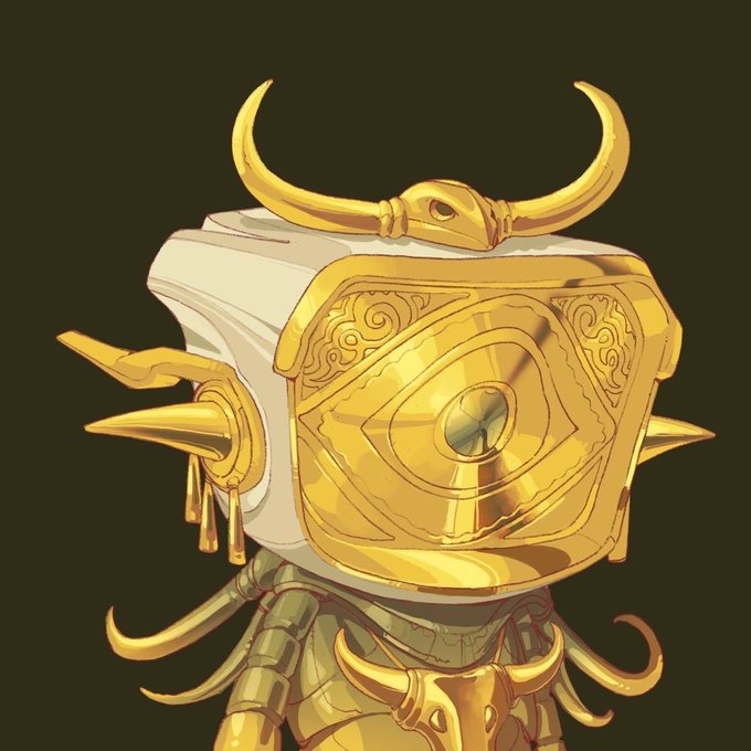 A digital illustration of a golden, ornate robotic or armored figure with a boxy head featuring a central eye design and decorative horns on top.