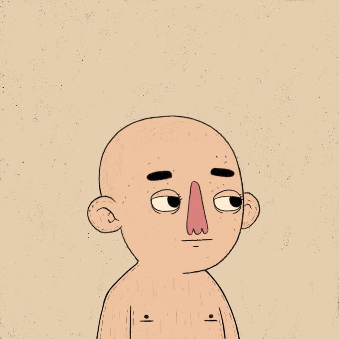 A cartoon illustration of a bald character with a prominent pink nose and tired-looking eyes against a plain background.