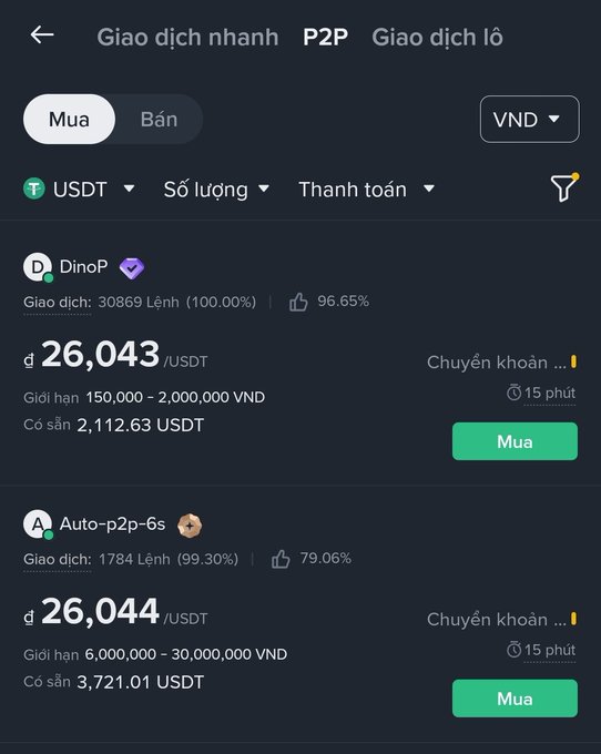 A mobile P2P trading interface (in Vietnamese) showing USDT buy offers from "DinoP" at 26,043 VND/USDT and "Auto-p2p-6s" at 26,044 VND/USDT.
