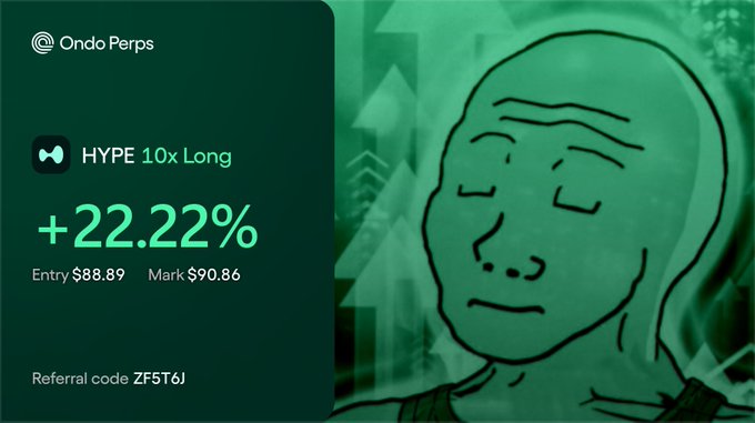 A trading interface from OndoPerps showing HYPE 10x Long at +22.22%, with Entry $88.89 and Mark $90.86, including referral code ZF5T6J, next to an illustration of a stoic bald figure.