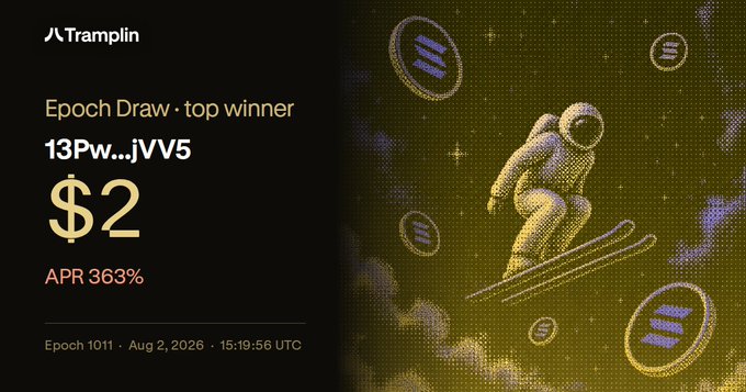 A Tramplin crypto epoch draw announcement displays 'Epoch Draw · top winner 13Pw...JV5' with $2 winnings and 363% APR, dated Epoch 1011 · Aug 2, 2026, featuring an illustration of an astronaut on skis among floating Solana tokens.