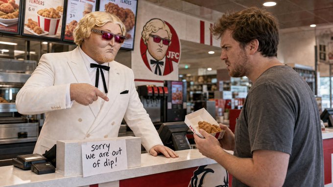 A person in a Colonel Sanders costume stands at a KFC counter pointing at a sign that reads 'Sorry we are out of dip!' while a customer looks on.